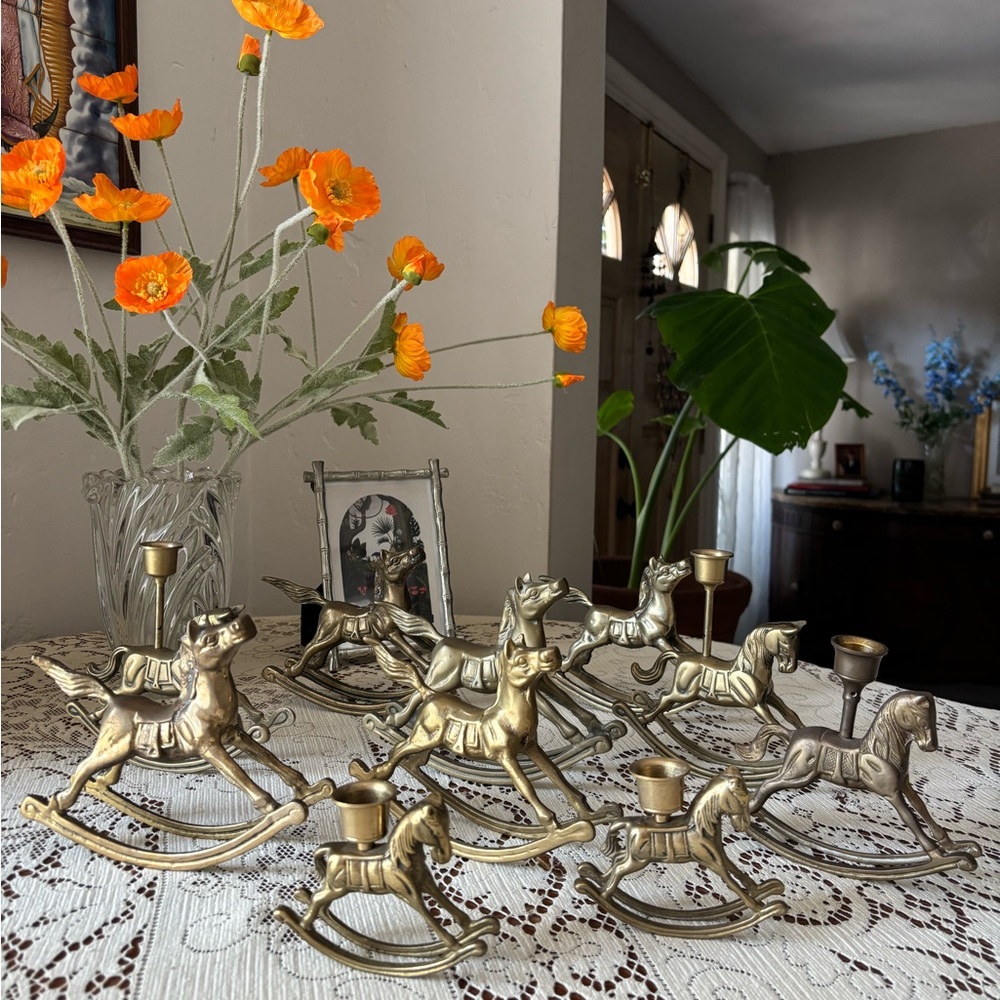 Vintage Brass Rocking Horse Candle Holders and Figures